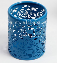 Hangzhou Personal Stationery Fancy Blue Metal Rose Engraving Pen Holder
