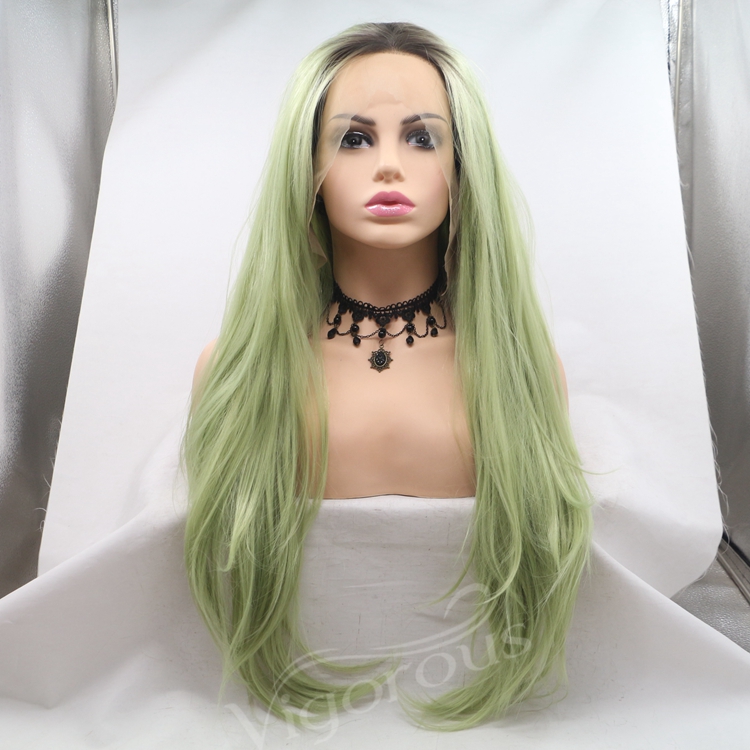 Women's Ombre Green Color 13x3 Lace Front Wigs Long Natural Straight Black To Green Synthetic Wig With Middle Part Ladies Wigs