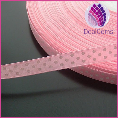 Grosgrain Ribbons ,pink, 2/5inch wide with single-side printed dots