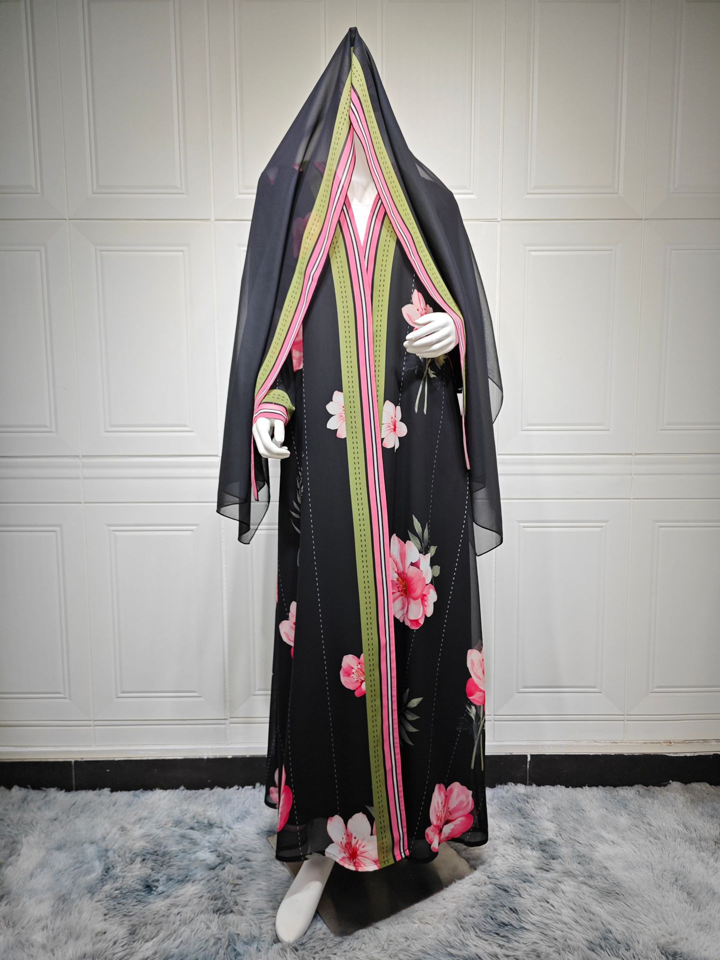 چاپ گل عبای باز با حجاب همسان Floral Print Open Abaya with Matching Hijab