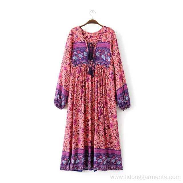 Clothing Flower Printing Loose Casual Dress With Bow