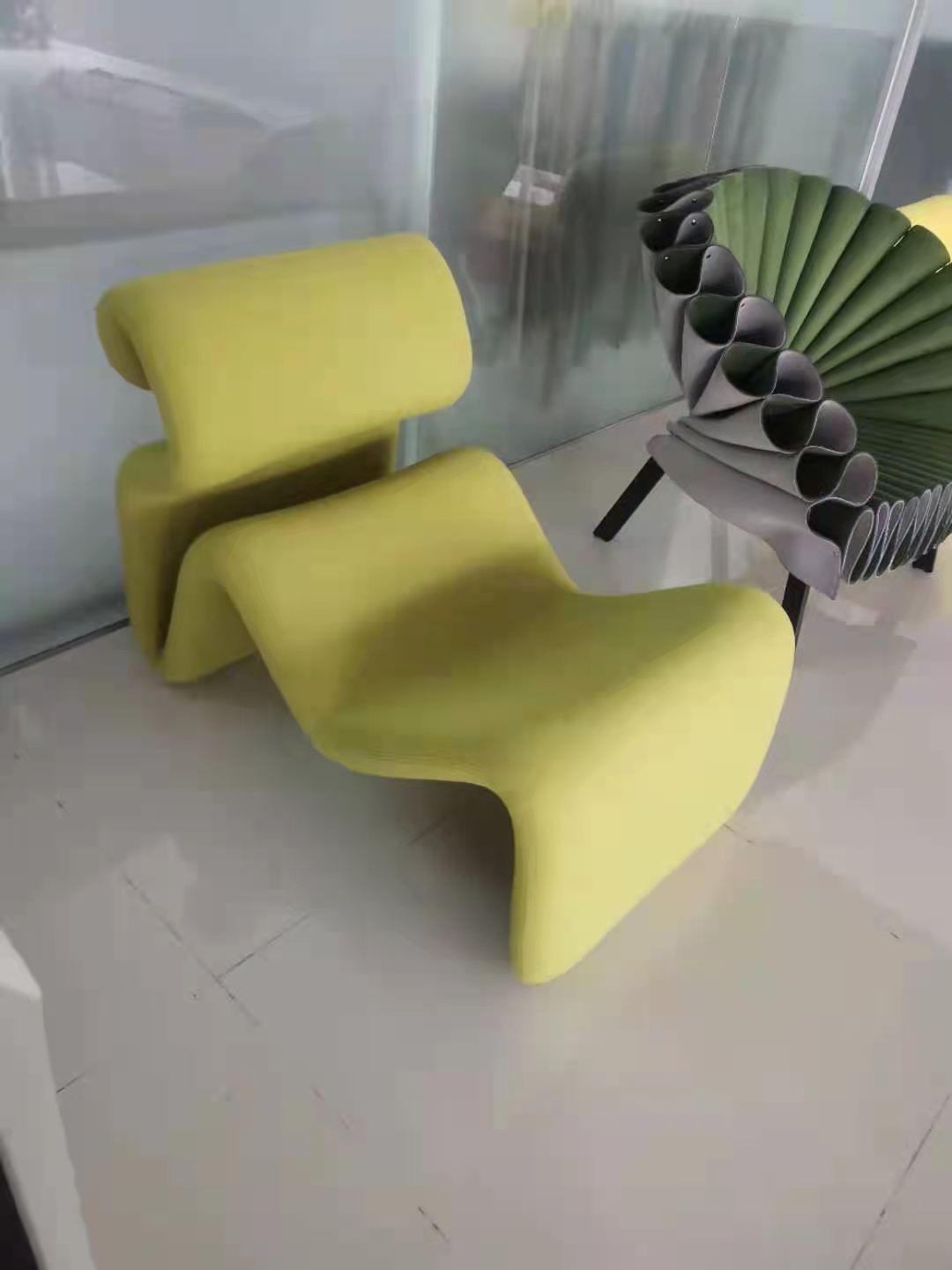 Modern designer furniture fiberglass and fabric curved chair