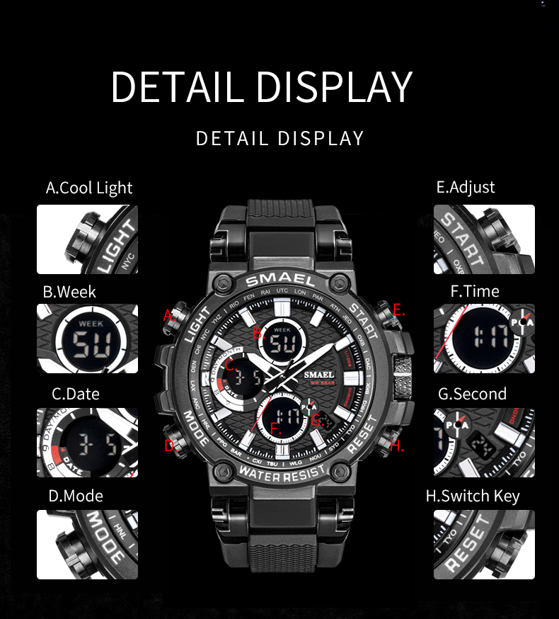 SMAEL 1803 Casual Watches For Men Digital Quartz Dual Display Multi-function Sports Watch