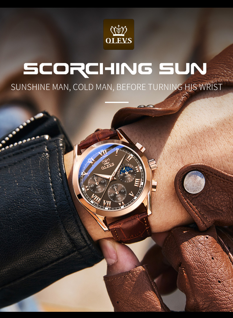 OLEVS 2871 Multifunctional Sports Watches Leather Luxury Fashion Genuine Leather Man Wristwatch Waterproof Luminous Men's Watch