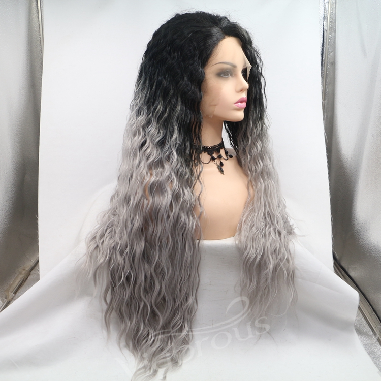 Side Part Long Water Wavy Dark Roots Ombre Grey Long Cheap Lace Fiber Wig Synthetic Hair For Women Vendor Price