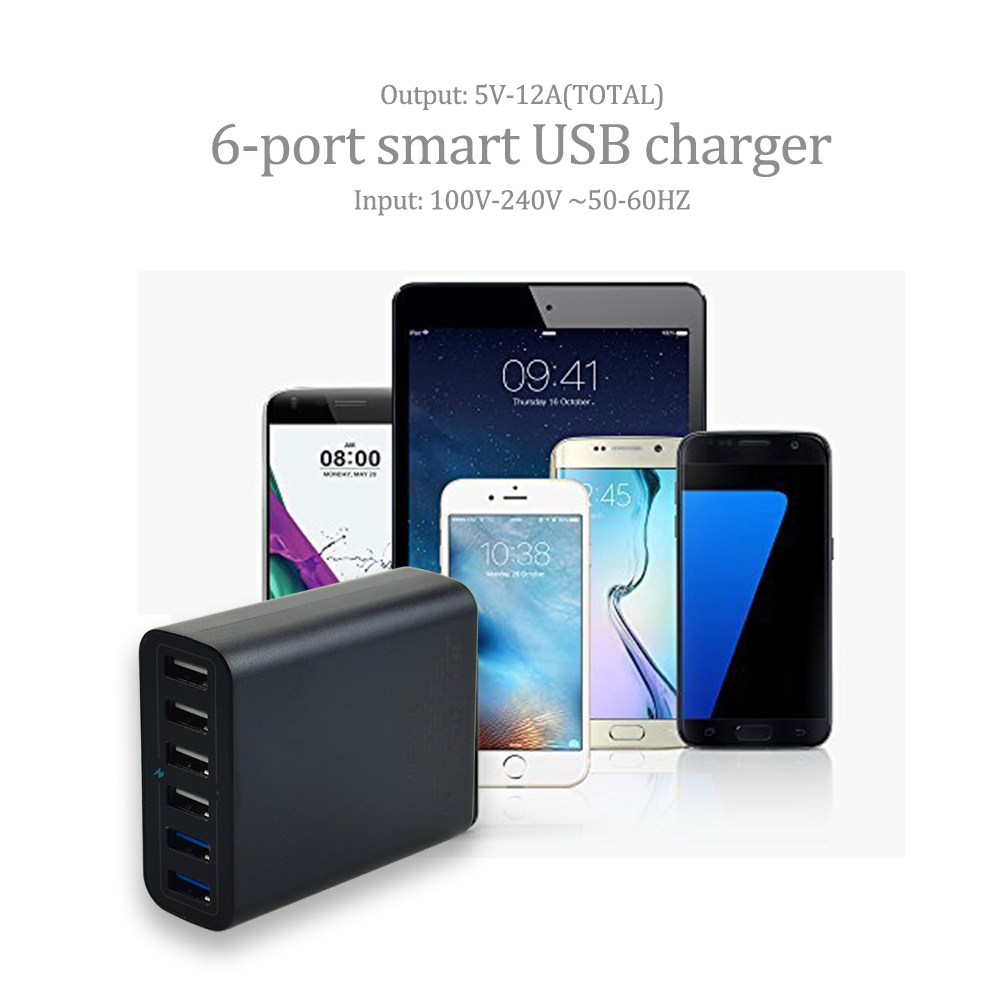 6-port 60W QC3.0 شاحن الهاتف المحمول SMART USB