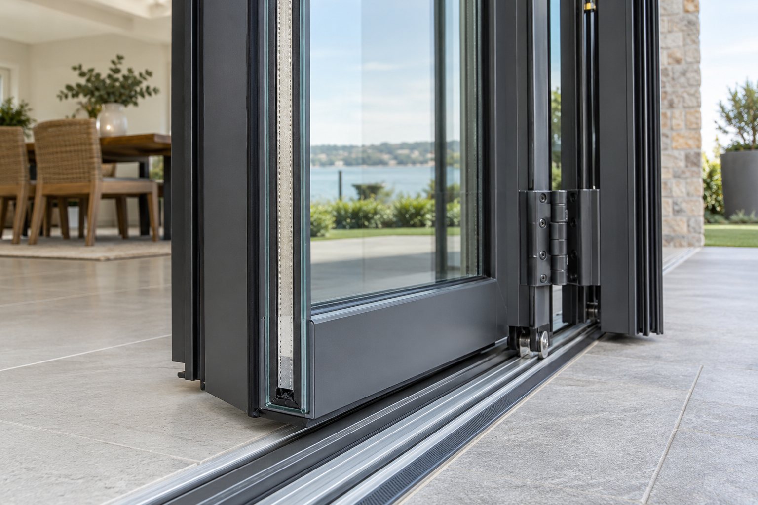 Double glazing and hardware detail on a bifold door system Insulated glass unit, spacer, seals and sill detail on an aluminium bifold door