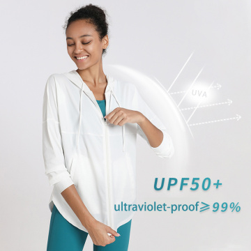 Fanm UPF 50+ Solèy Pwoteksyon Jacket ak pòch