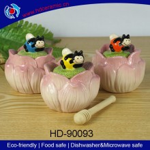 The bee on the lotus with wooden dipper ceramic honey jar,storage jar,ceramic honey canister