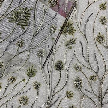 Green Thriving Plants Sequin Embroidery Fabric