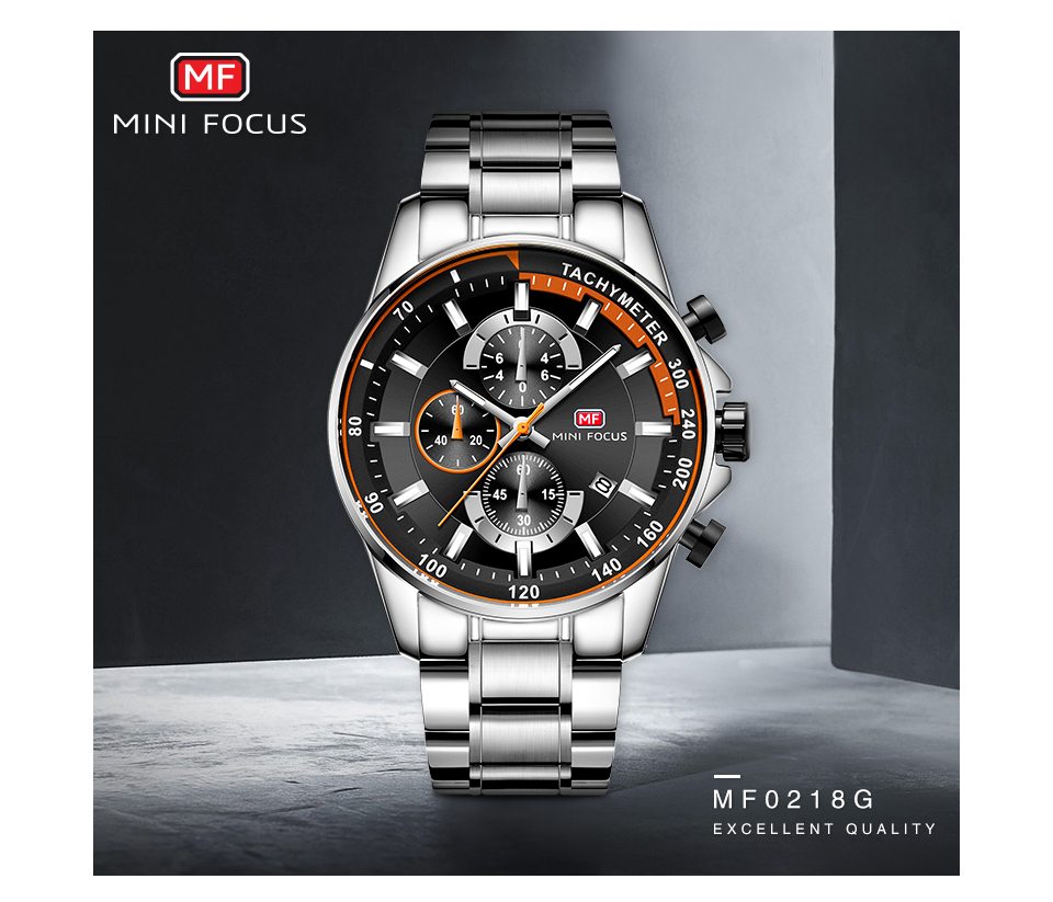 MINI FOCUS MF0218G Men's Quartz Watches Stainless Steel Strap Waterproof Chronograph Business Waterproof Wrist Watch