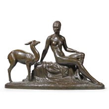 High quality cast antique brass bronze nude woman and deer sculpture
