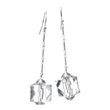 Silver Plated Long Drop Earrings with Square Crystal