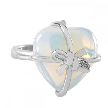 Gemstone Crystal Heart Ring Natural Stone Heart Bowknot Wedding Ring for Women Silver Plated Copper Adjustable Rings