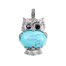 Turquoise Oval Beads CZ Rhinestone Silver cz owl Pendant