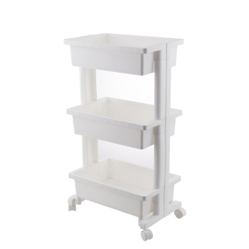 3 floors of plastic shelving in kitchen