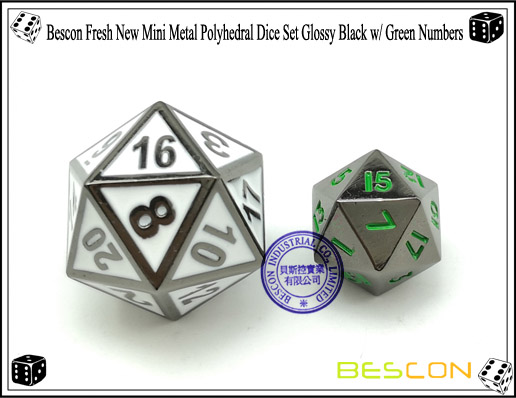 Bescon Fresh New Mini Metal Polyhedral Dice Set Glossy Black with Green Numbers-2