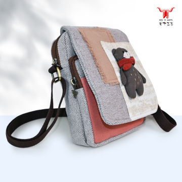 Bear Decorated Cotton Flip Top Crossbody Bag by Mei Yi Arts