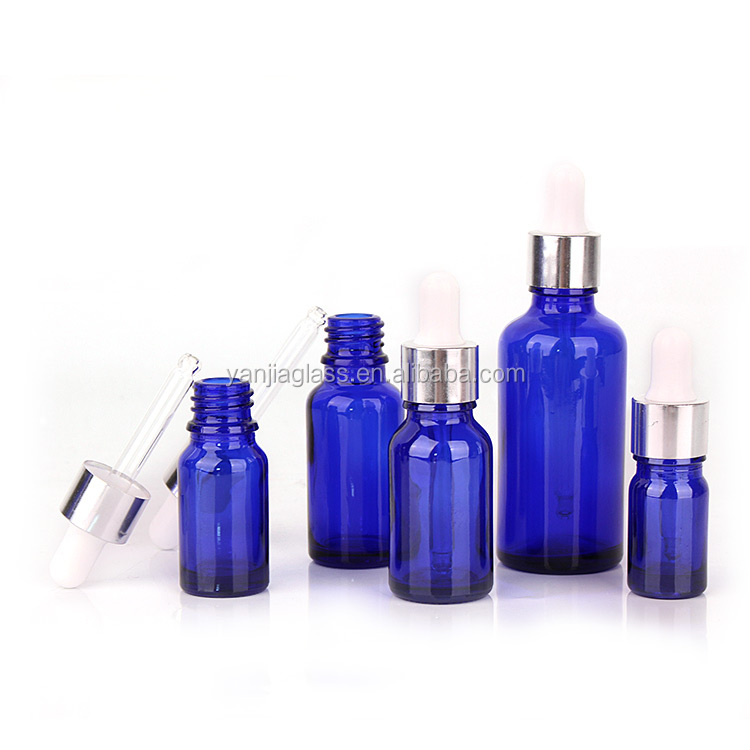 full size 15ml 30ml 50ml 100ml blue color Glass Essential Oil dropper bottle with silver lid