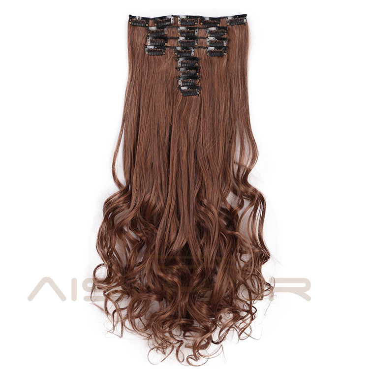 Aisi Hair Full Head 8 Pcs Curly Synthetic 18 Clips In Hair Extensions For Women Popular Brown Colors Hair Extensions