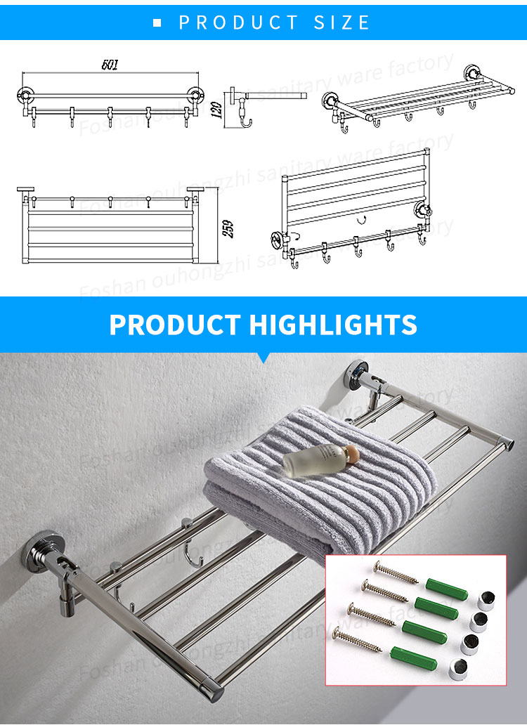 Wall Mounted Bathroom Stainless Steel Towel Rack Single Towel Holder Polished with 5 Hooks