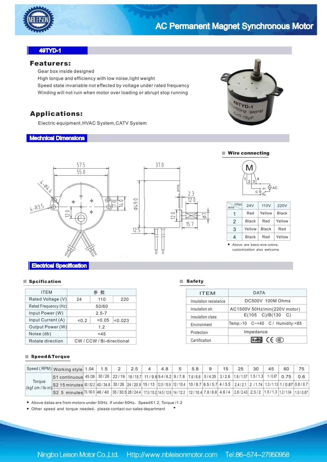 Pm AC 49tyd Synchronous Motor 24 V 120 Volt 220volts for Air Conditioner Shutter