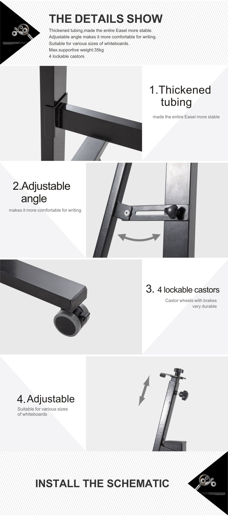 Height Adjustable Black Tripod Mobile Flipchart Easel Steel  Adjustable Easel for Whiteboard