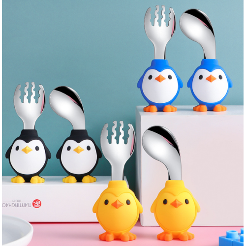 Benutzerdefinierte Penguin-Kleinkinder Silikon Edelstahllöffel Gabel