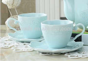 Wholesale embossed ceramic coffee cup and saucer set with europe style