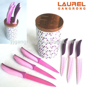 6 pcs steak knife with printing coated ,dolphin knife ,PP knife block,fiber block