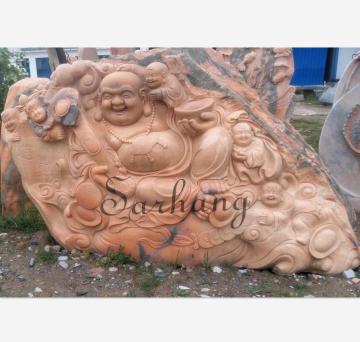 Red Sandstone Laughing  Buddha Statue  With Kids For Decoration