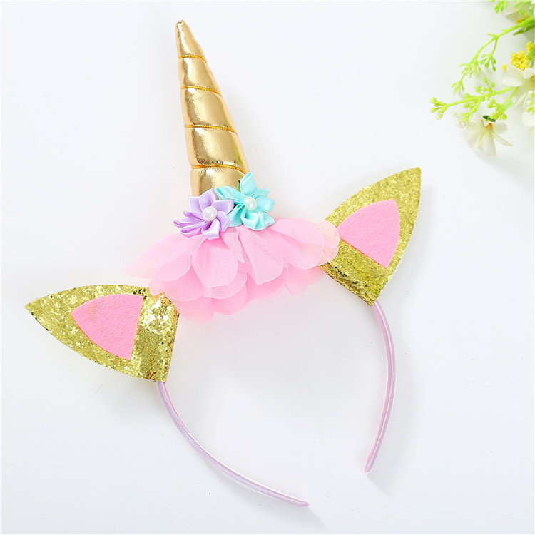 Amazon Top Selling Wholesale Cute Design Unicorn Horn Headband With Artificial Flower