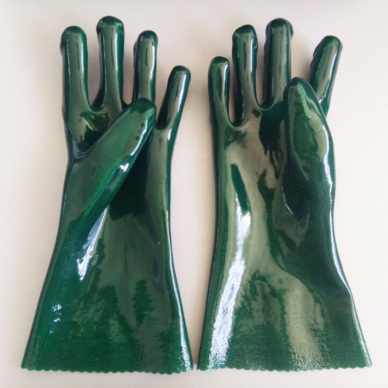 Guante de trabajo químico de acabado liso PVC verde 35 cm