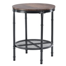 Factory Direct Wood Round Side Table with Metal Mesh: Rustic End Table for Living Room Corners