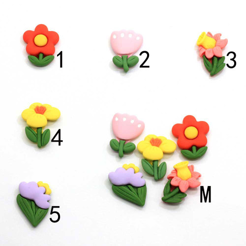 100PCS Multicolor Flatback Resin Flower Cabochons with Leaves Scrapbook Craft DIY Embellishments Decor Headwear Accessories