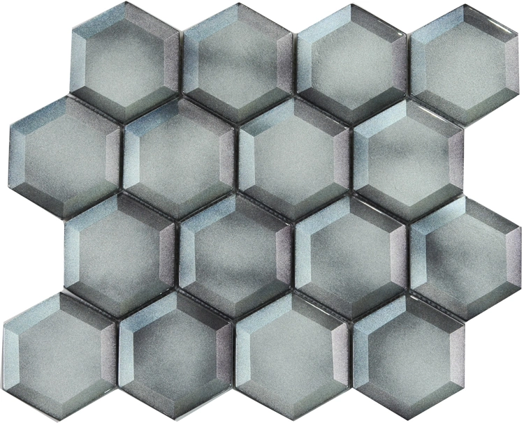 8mm Thickness Beveled Edge Glass Mosaic Grey Hexagon Tile Backsplash