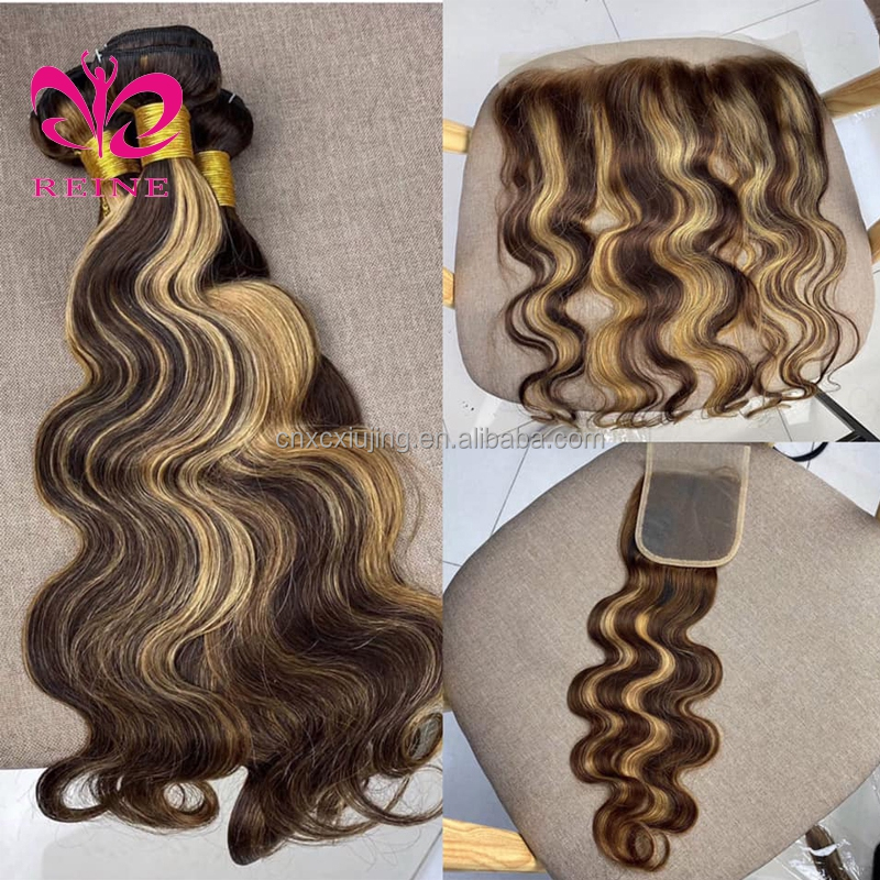 REINE Highlight Bundles With Closure Brazilian Body Wave Bundles With Closure Brown Remy Human Hair Bundles With Closure