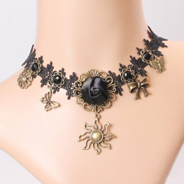 Vintage Lace Black Sun Rose Pendant Necklace