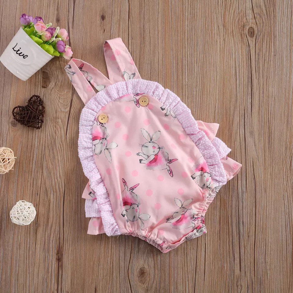 2021 Children's Summer Clothing Baby Easter Jumpsuit Rabbit Print Ruffled