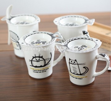 hot sale ceramic cat cup with fish shape lid and spoon