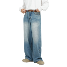 2024 Men's Washed Sun Faded Straight Leg Jeans - Loose and Versatile Blue Wide Leg Denim