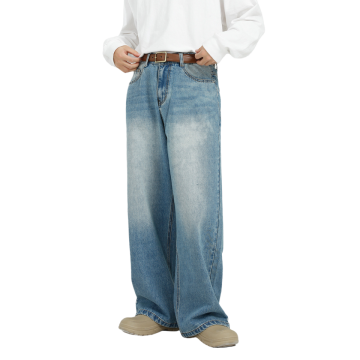 2024 Men's Washed Sun Faded Straight Leg Jeans - Loose and Versatile Blue Wide Leg Denim