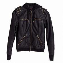 Women's leather coat with detachable hood