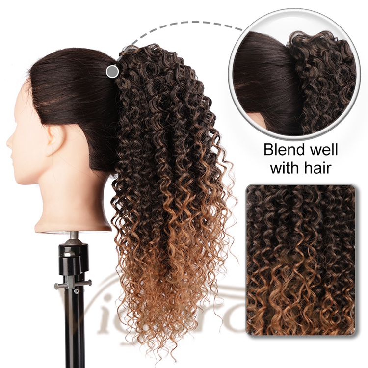 Vigorous Top Quality Supplier Long Curly Ombre Brown Fluffy Machine Made Cosplay Drawstring Synthetic Ponytail Hair Extension
