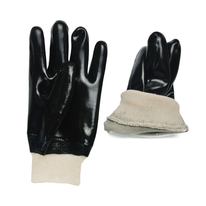 Black PVC dipped gloves interlock lined smooth finish knit wrist