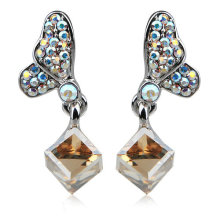 Flying butterfly holding bright crystals drop earring with colored diamond