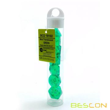 Bescon Mini Transluzent polyedrischen RPG Würfel Set 10 MM, kleine RPG Rollenspiel Würfel Set D4-D20 in Tube, Transparent Grün