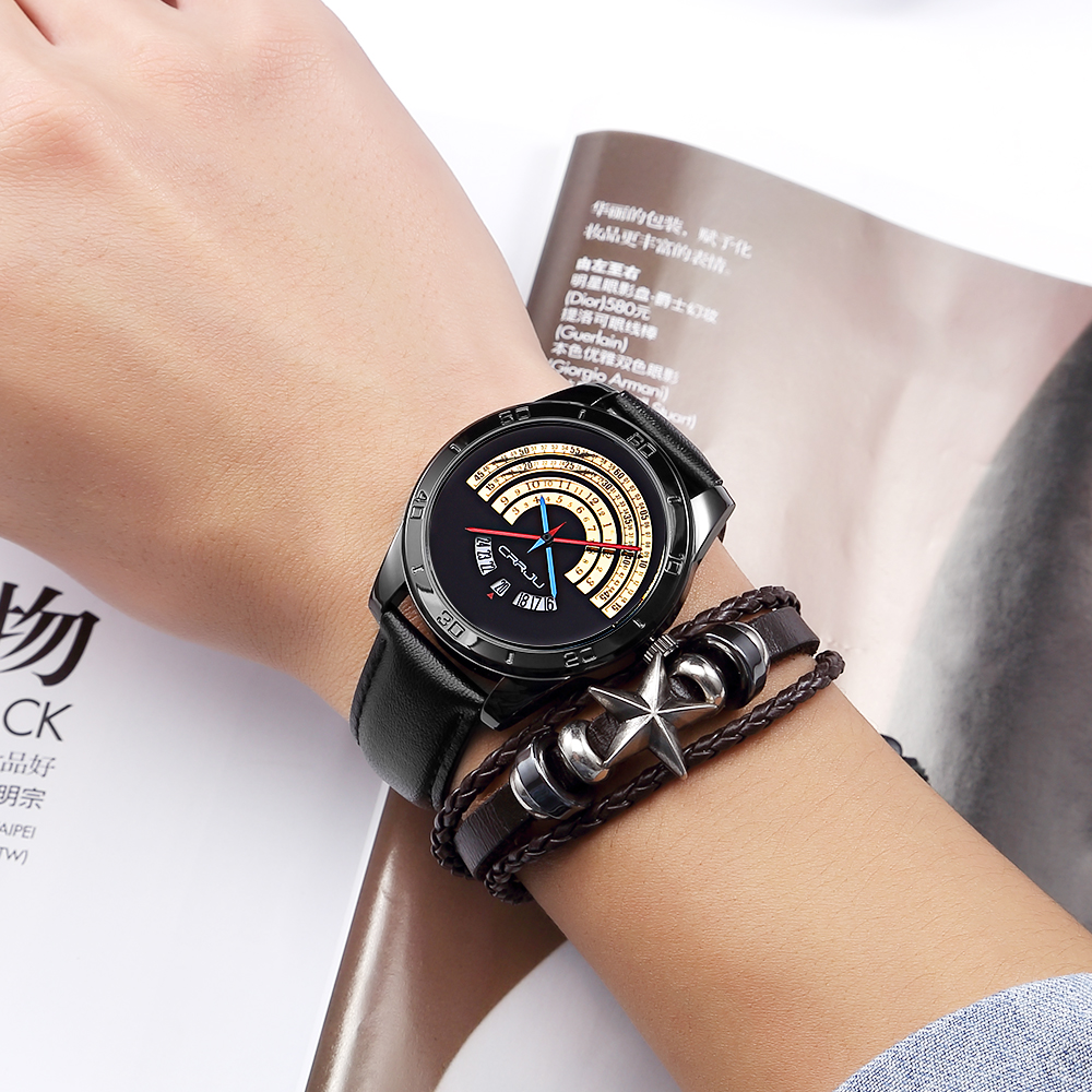 CRRJU Watch Men luxury Sports leather Funny Binary calendar Clock Japan Movement Waterproof Wrist Watch