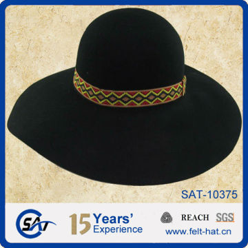 black pure wool felt floppy hat with colored ribbon