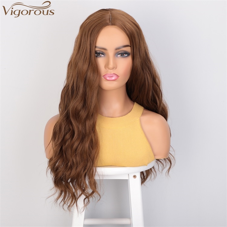 Vigorous 24 Inches Wholesale High Temperature Long Wavy Brown Wig Middle Part Synthetic Silky Wigs For Black Women